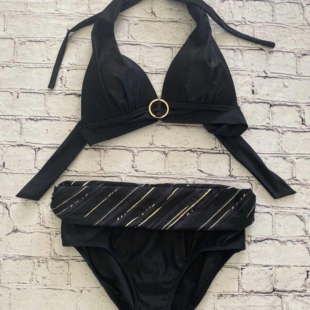 Simon Chang Vintage Black And Gold Bikini Padded Halter Top Size 10 Bond Girl EC - Picture 2 of 16